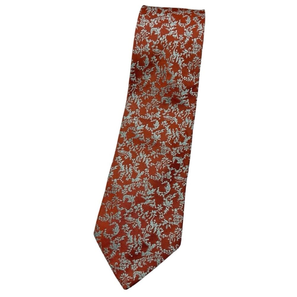 VIVIENNE WESTWOODMen's Silk Necktie LUXURYOrange Silver Floral Leaf W:3.6" EUC